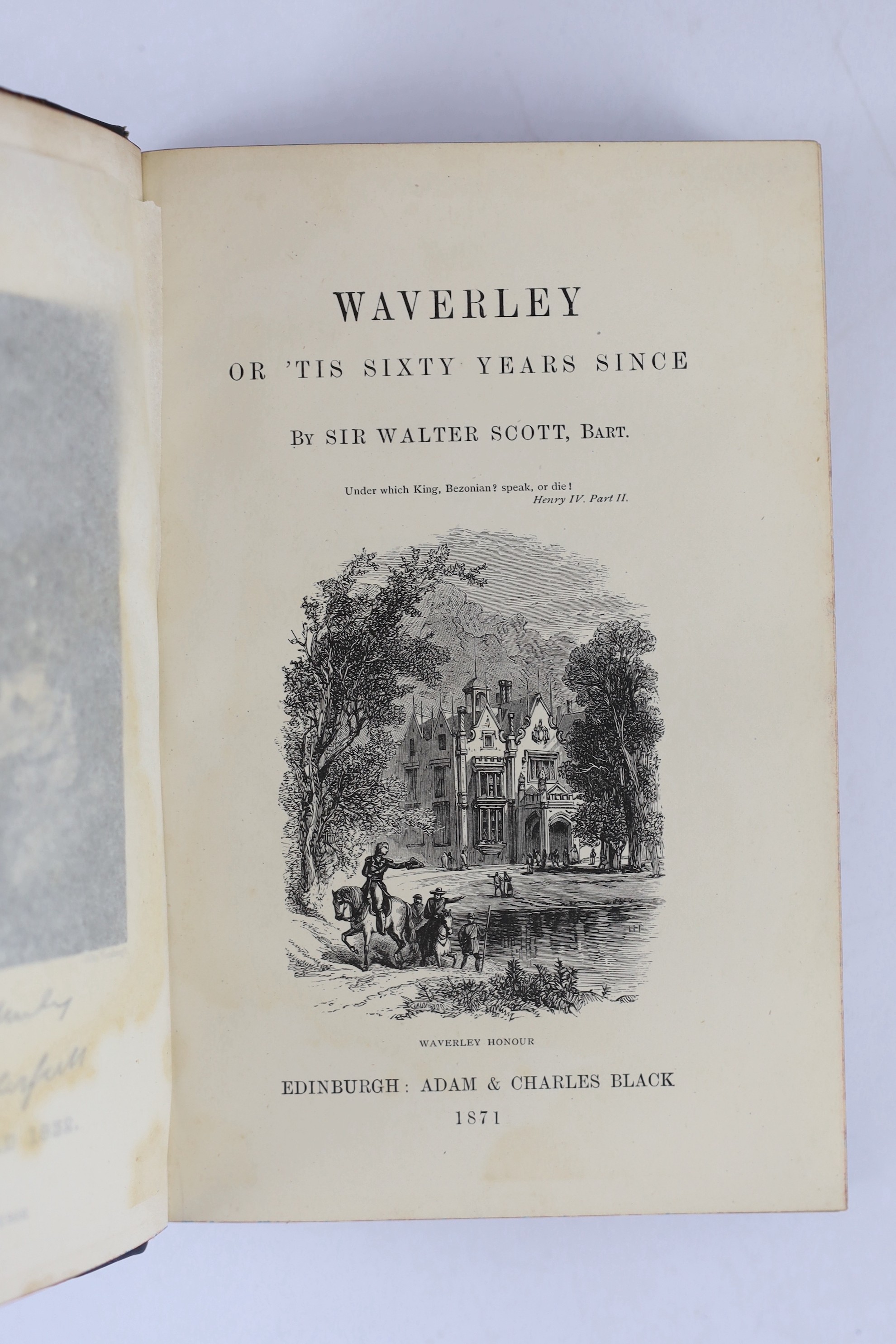 Scott, Sir Walter - [The Waverley Novels] - Centenary edition, 25 vols, 8vo., contemporary blue half-morocco over marbled paper boards, with engraved frontispieces and title vignettes, Adam and Charles Black, Edinburgh,